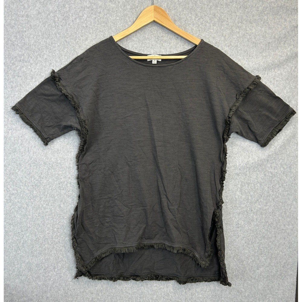 Umgee Size Small SS T-Shirt Top Dark Gray Fringe Trim Slub Knit Cotton Lagenlook
